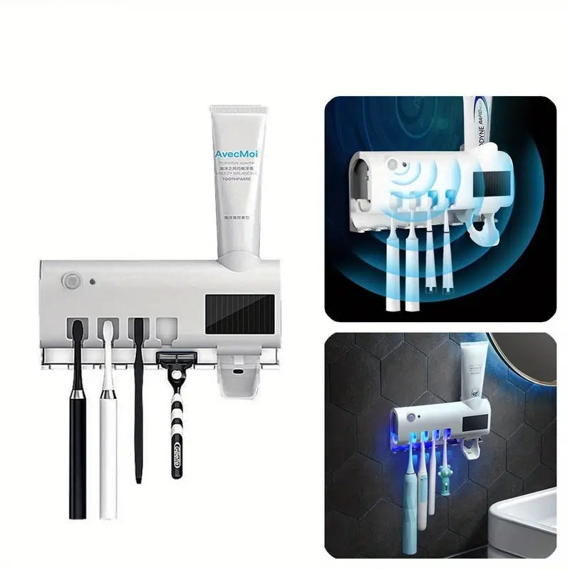 Homira Toothbrush Holder Set with Automatic Toothpaste Dispenser – 4 Slots Wall-Mounted Bathroom Organizer (White/Black)