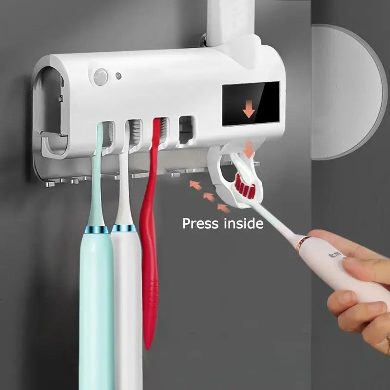 Homira Toothbrush Holder Set with Automatic Toothpaste Dispenser – 4 Slots Wall-Mounted Bathroom Organizer (White/Black)