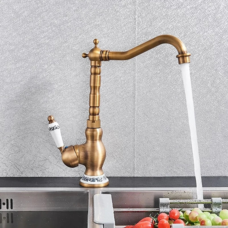 Homira Antique Brass Basin Faucet – Rotatable Bathroom & Kitchen Mixer Tap with Ceramic Handle, Hot & Cold Water