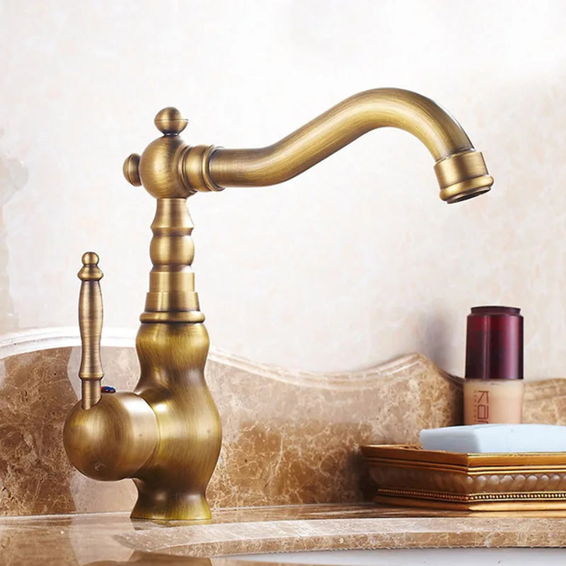 Homira Antique Brass Basin Faucet – Rotatable Bathroom & Kitchen Mixer Tap with Ceramic Handle, Hot & Cold Water