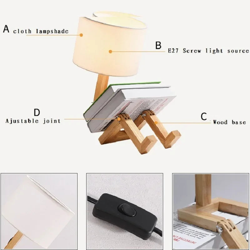 Homira Robot-Shaped Table Lamp – Adjustable Wooden & Fabric Desk Light for Bedroom, Living Room & Study