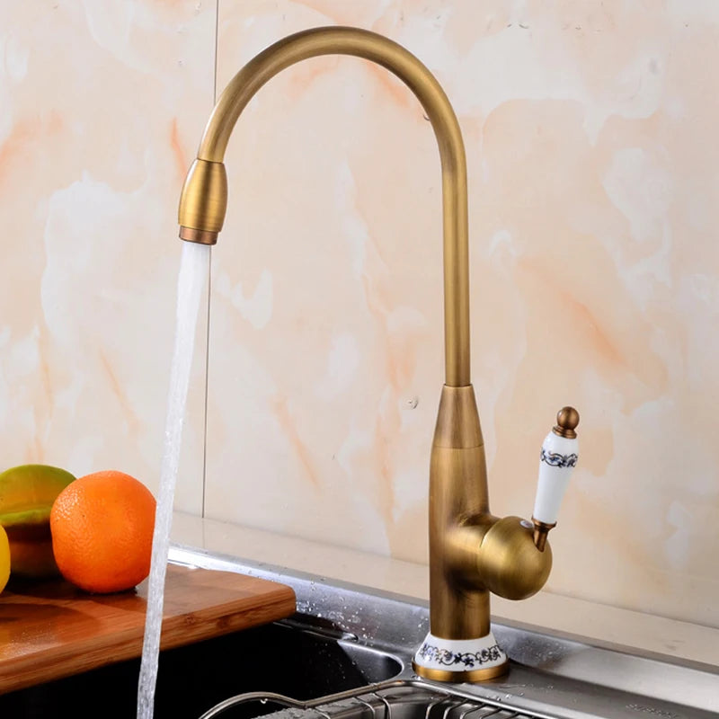 Homira Antique Brass Basin Faucet – Rotatable Bathroom & Kitchen Mixer Tap with Ceramic Handle, Hot & Cold Water