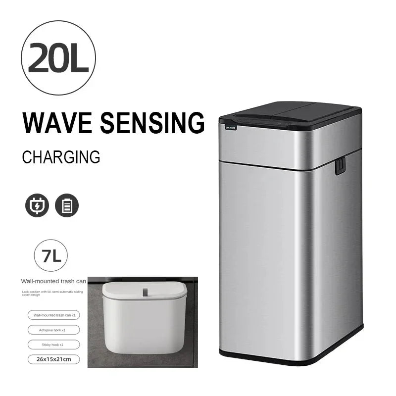 Homira 20L Smart Trash Can – Stainless Steel Rectangular Bin with Two-Way Motion Sensor & Automatic Bagging for Kitchen & Home