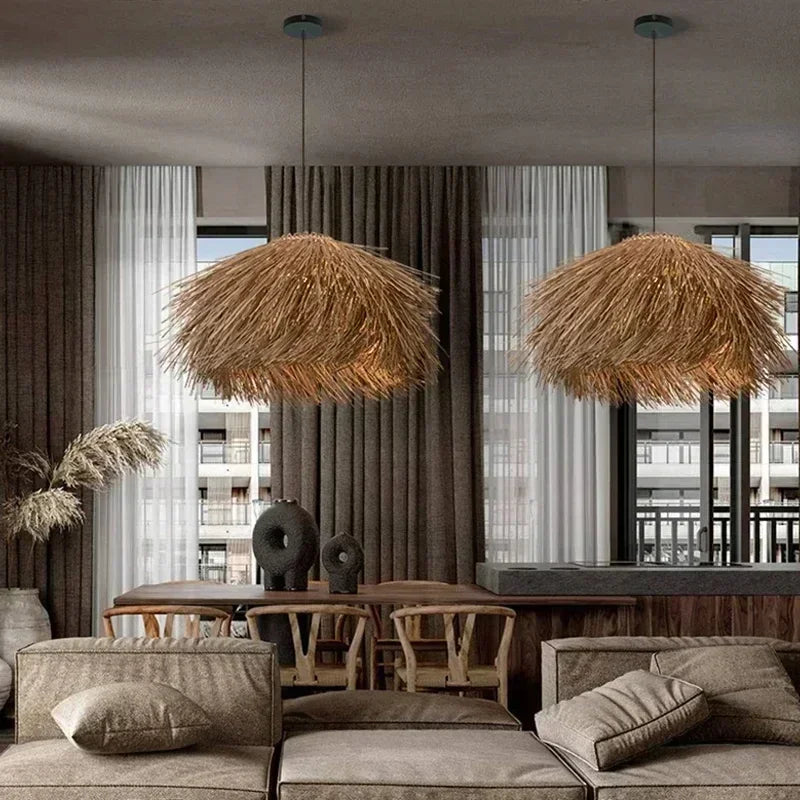 Homira Living Space Handwoven Rattan Pendant Light – Japanese LED Chandelier for Living Room, Bar, Loft & Shop Decor