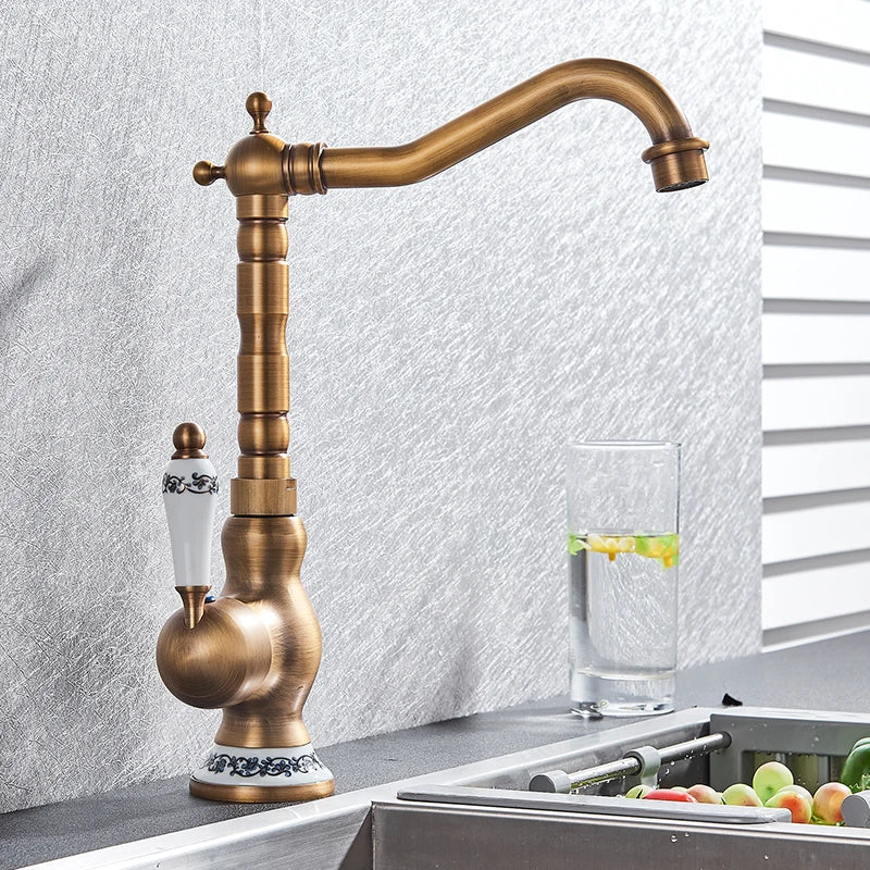 Homira Antique Brass Basin Faucet – Rotatable Bathroom & Kitchen Mixer Tap with Ceramic Handle, Hot & Cold Water