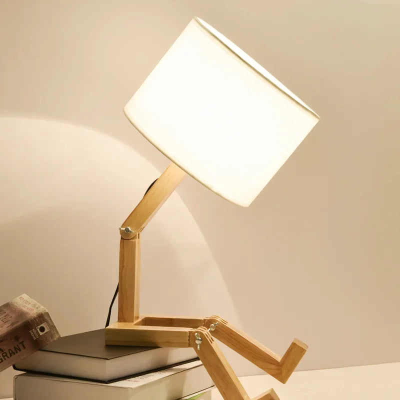 Homira Robot-Shaped Table Lamp – Adjustable Wooden & Fabric Desk Light for Bedroom, Living Room & Study
