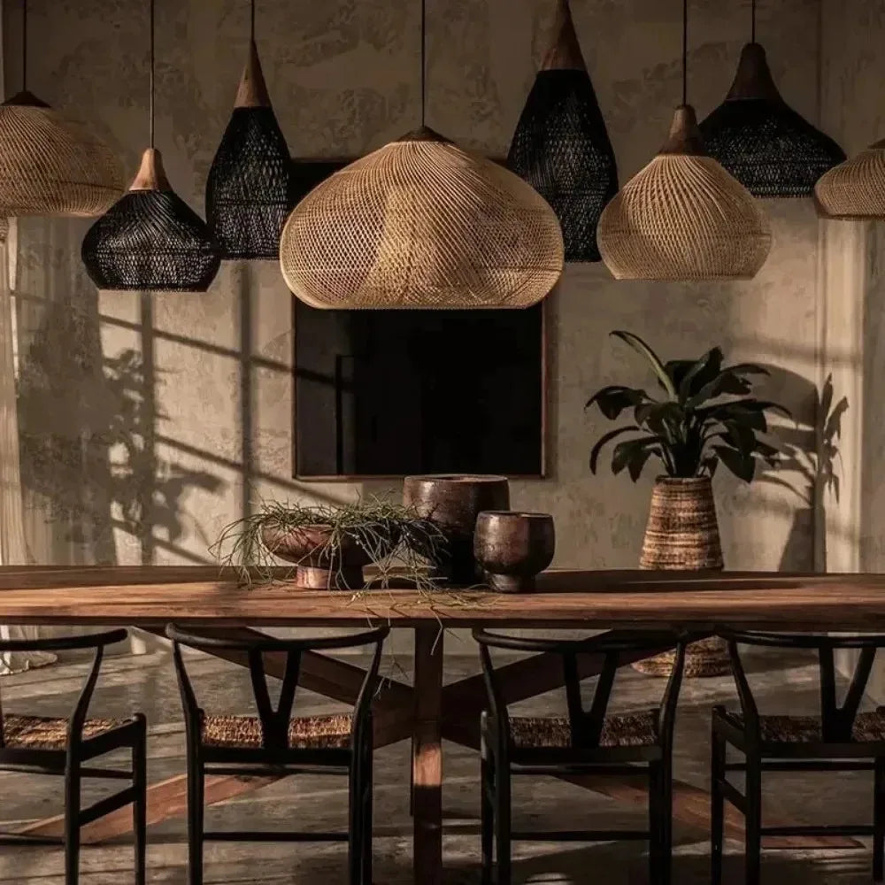 Homira Living Space 35cm Wabi-Sabi Rattan Pendant Light – LED Bamboo Chandelier for Dining, Living Room & Bedroom