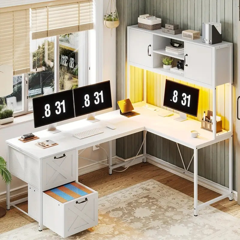 Homira Reversible L-Shaped Office Desk with Charging Station, File Drawers, Cabinet & Hutch – RGB LED Lights, Metal Brown Modern Workstation
