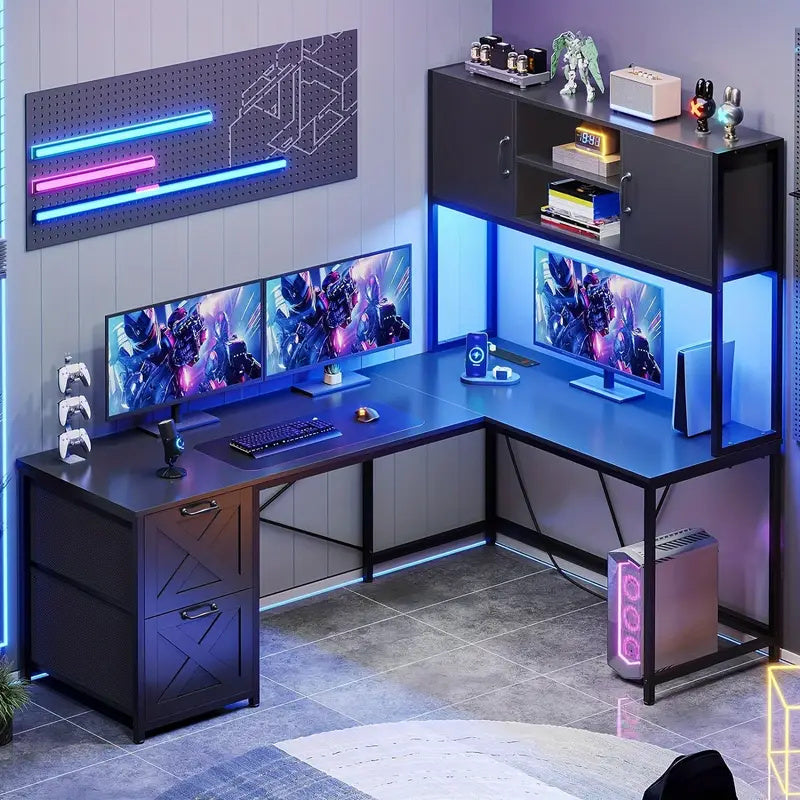Homira Reversible L-Shaped Office Desk with Charging Station, File Drawers, Cabinet & Hutch – RGB LED Lights, Metal Brown Modern Workstation