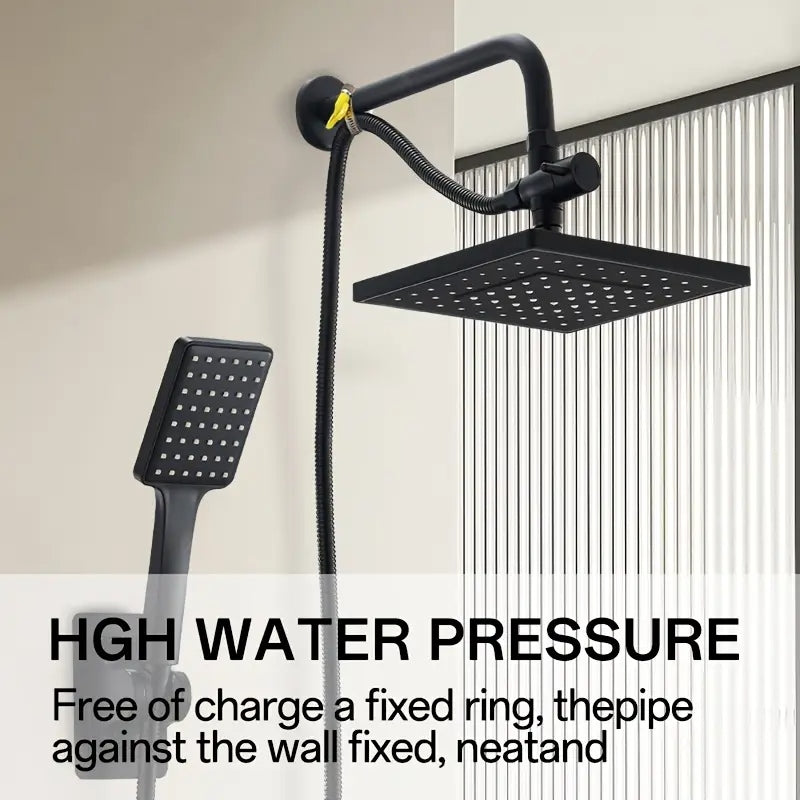 Homira 8" High Pressure Shower Head Combo – Luxury Square Black 3-in-1 Rainfall & Handheld, Leak-Proof with Hose & No-Drill Bracket