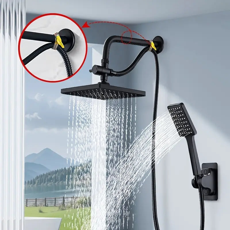 Homira 8" High Pressure Shower Head Combo – Luxury Square Black 3-in-1 Rainfall & Handheld, Leak-Proof with Hose & No-Drill Bracket