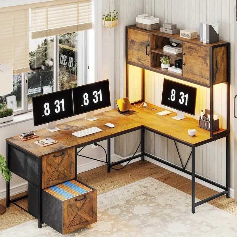 Homira Reversible L-Shaped Office Desk with Charging Station, File Drawers, Cabinet & Hutch – RGB LED Lights, Metal Brown Modern Workstation