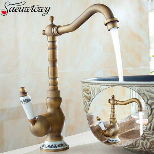 Homira Antique Brass Basin Faucet – Rotatable Bathroom & Kitchen Mixer Tap with Ceramic Handle, Hot & Cold Water