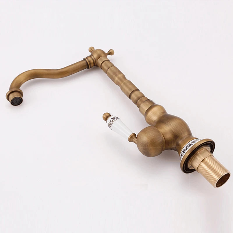 Homira Antique Brass Basin Faucet – Rotatable Bathroom & Kitchen Mixer Tap with Ceramic Handle, Hot & Cold Water