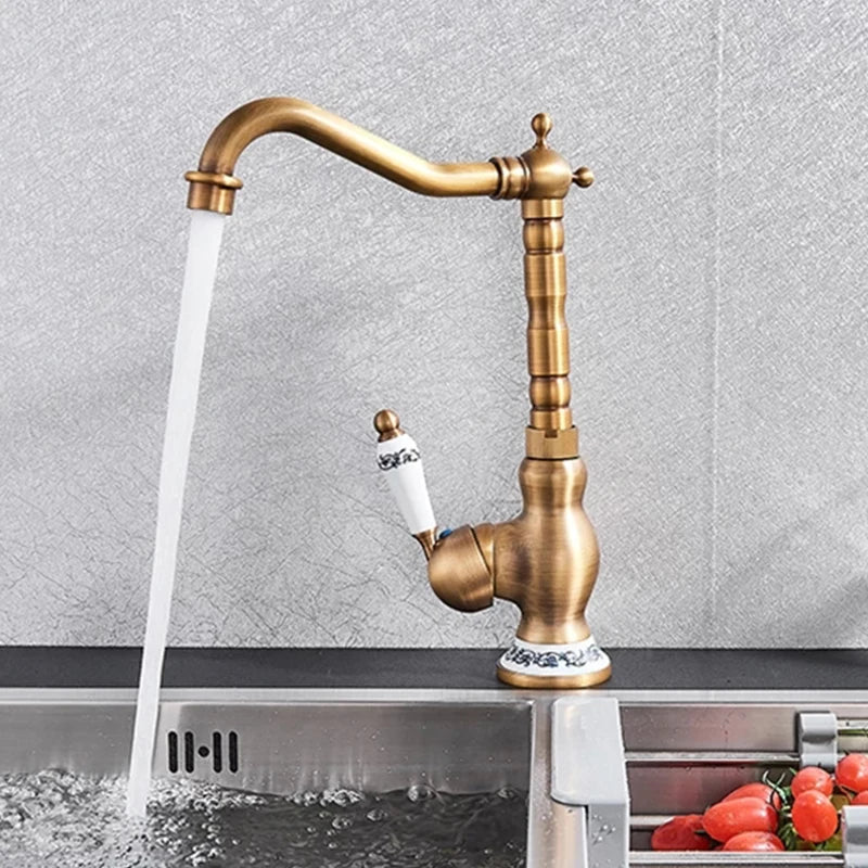 Homira Antique Brass Basin Faucet – Rotatable Bathroom & Kitchen Mixer Tap with Ceramic Handle, Hot & Cold Water