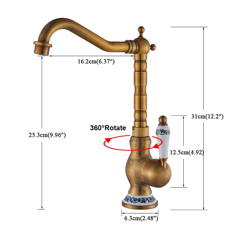 Homira Antique Brass Basin Faucet – Rotatable Bathroom & Kitchen Mixer Tap with Ceramic Handle, Hot & Cold Water
