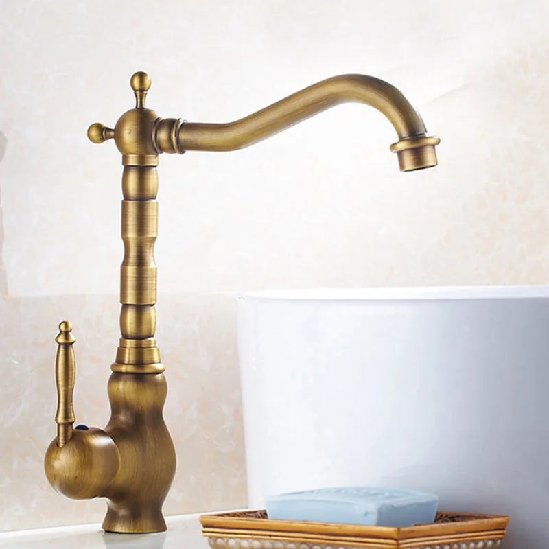 Homira Antique Brass Basin Faucet – Rotatable Bathroom & Kitchen Mixer Tap with Ceramic Handle, Hot & Cold Water