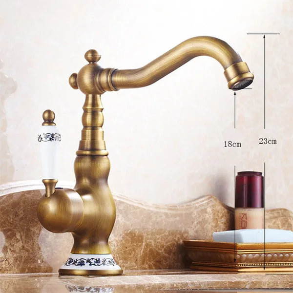 Homira Antique Brass Basin Faucet – Rotatable Bathroom & Kitchen Mixer Tap with Ceramic Handle, Hot & Cold Water