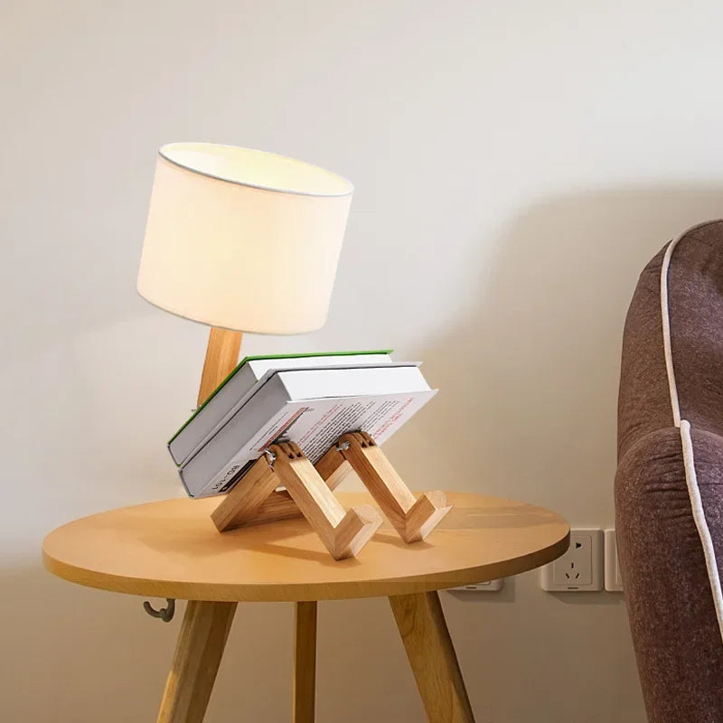 Homira Robot-Shaped Table Lamp – Adjustable Wooden & Fabric Desk Light for Bedroom, Living Room & Study
