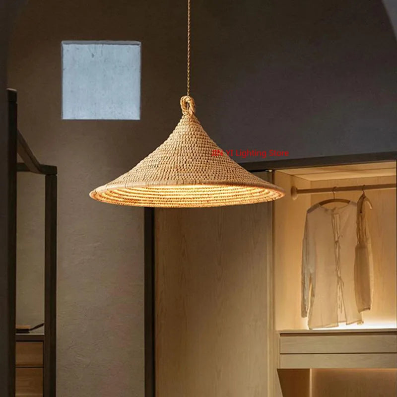Homira Living Space Japanese Rattan Pendant Light – Wabi-Sabi Retro Hat Lamp with E27 Socket for Living Room & Homestay Decor