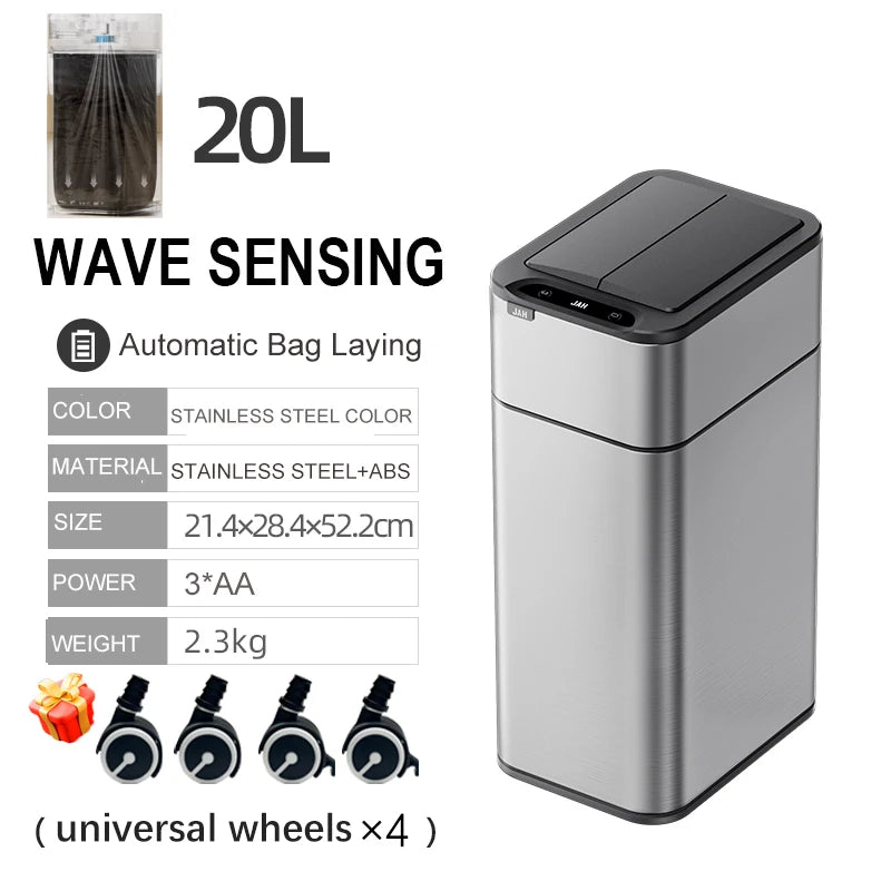 Homira 20L Smart Trash Can – Stainless Steel Rectangular Bin with Two-Way Motion Sensor & Automatic Bagging for Kitchen & Home