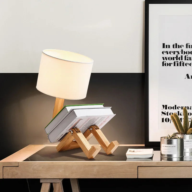 Homira Robot-Shaped Table Lamp – Adjustable Wooden & Fabric Desk Light for Bedroom, Living Room & Study