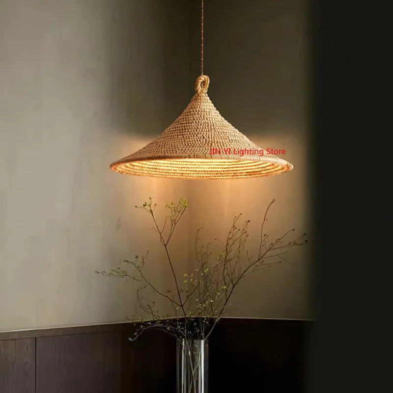 Homira Living Space Japanese Rattan Pendant Light – Wabi-Sabi Retro Hat Lamp with E27 Socket for Living Room & Homestay Decor