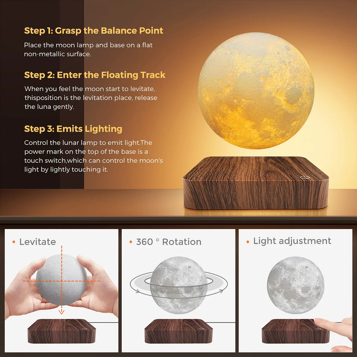 Homira Levitating Moon Lamp – Magnetic Floating 3D LED Night Light with Wooden Base & 3 Color Modes, Perfect Gift for Home & Office