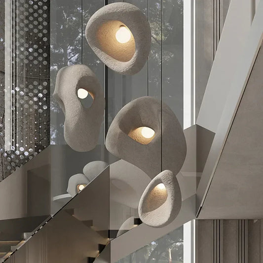 Homira Living Space Nordic Wabi-Sabi Stair Pendant Chandelier – Irregular Resin E27 Lamp for Villa & Staircase Decor