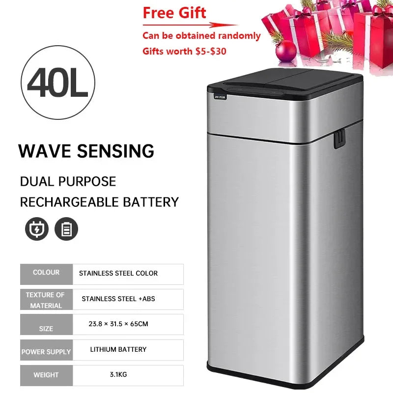 Homira Smart Sensor Trash Can – Large-Capacity Stainless Steel Automatic Bin (9L–60L) for Kitchen & Home