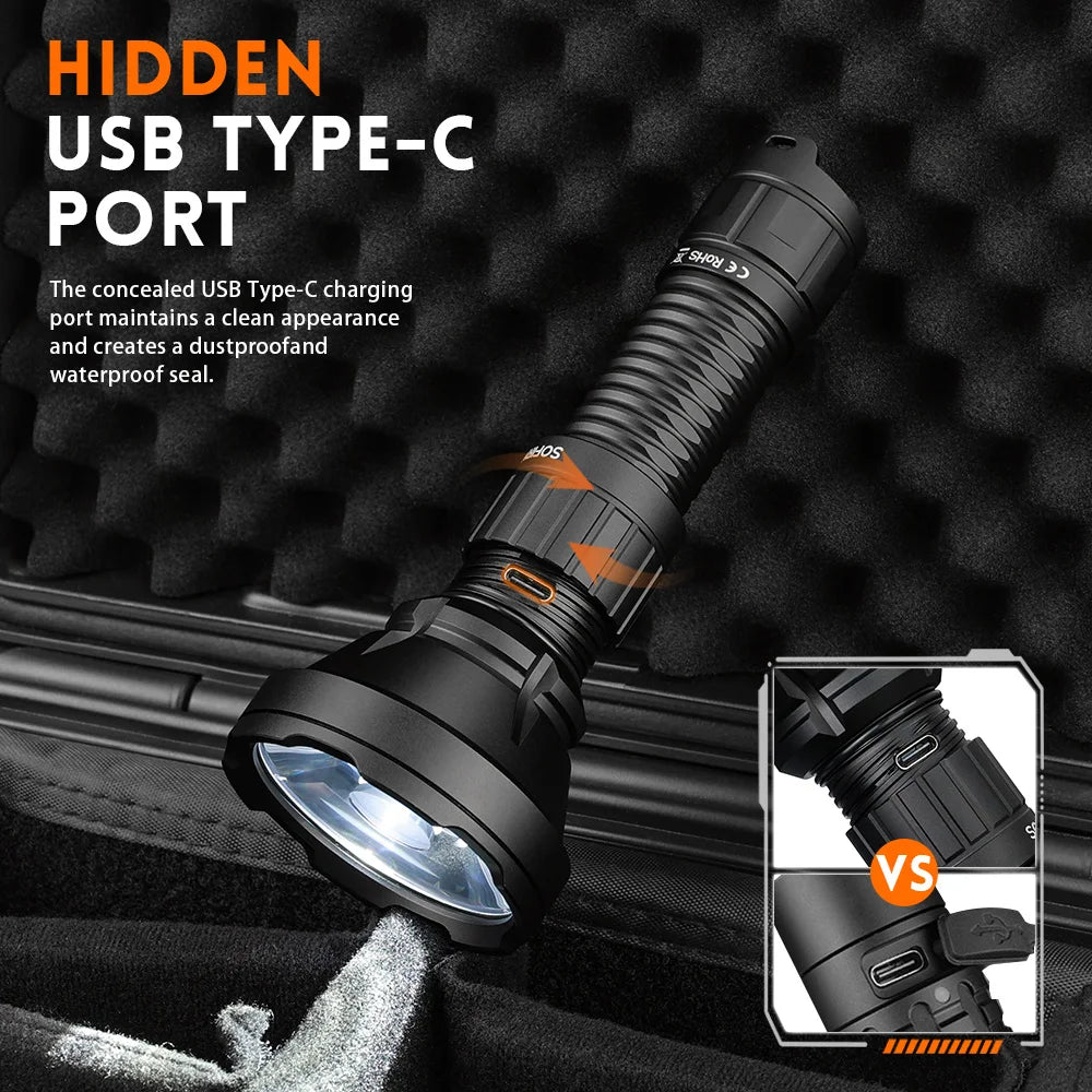 Homira SF26 Tactical Flashlight – 2000lm Long-Range USB-C Rechargeable Torch with Double Tail Switch, IPX8 Waterproof, 964m Beam
