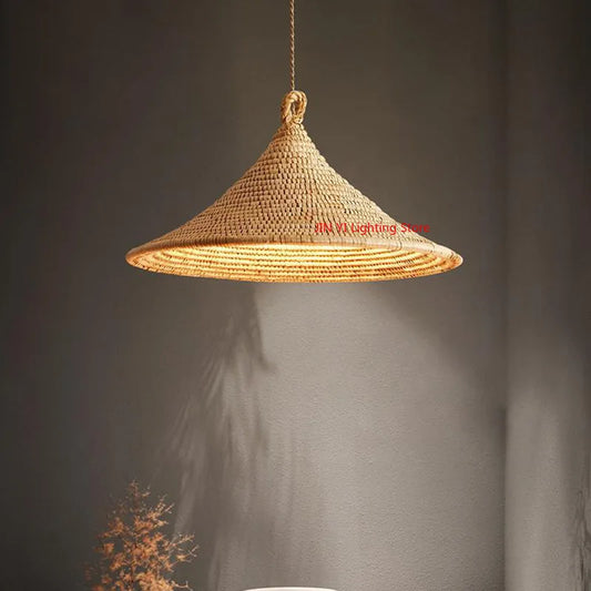 Homira Living Space Japanese Rattan Pendant Light – Wabi-Sabi Retro Hat Lamp with E27 Socket for Living Room & Homestay Decor