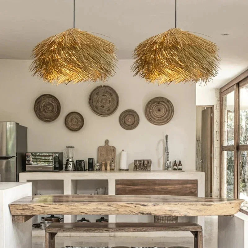 Homira Living Space Handwoven Rattan Pendant Light – Japanese LED Chandelier for Living Room, Bar, Loft & Shop Decor