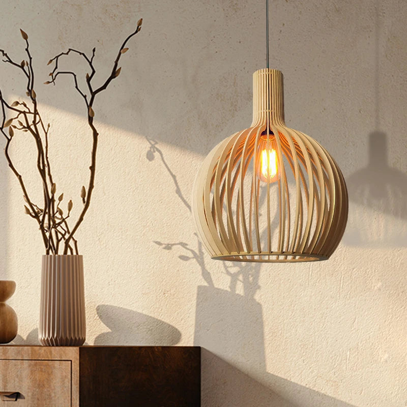 Homira Living Space Wooden Birdcage Pendant Lamp – Nordic Hanging Ceiling Light for Dining & Living Room, Restaurant Decor
