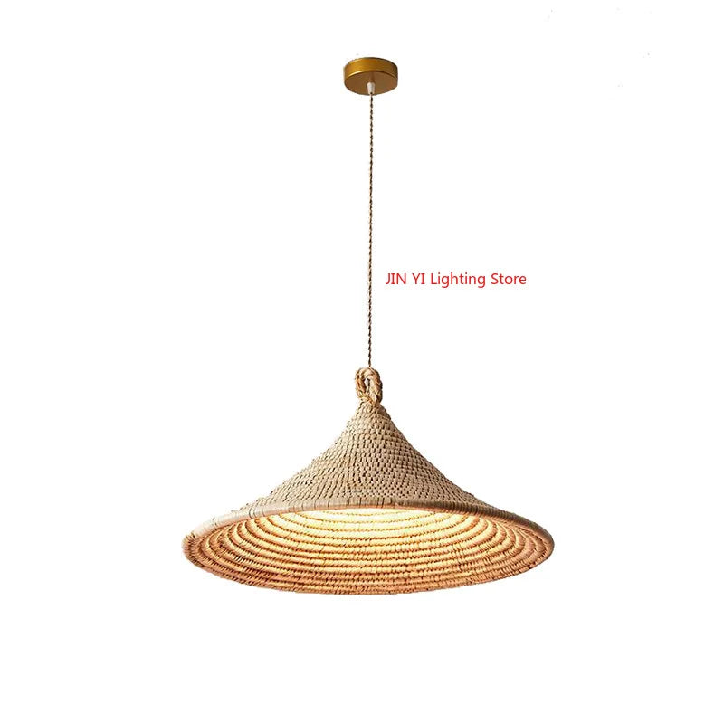 Homira Living Space Japanese Rattan Pendant Light – Wabi-Sabi Retro Hat Lamp with E27 Socket for Living Room & Homestay Decor