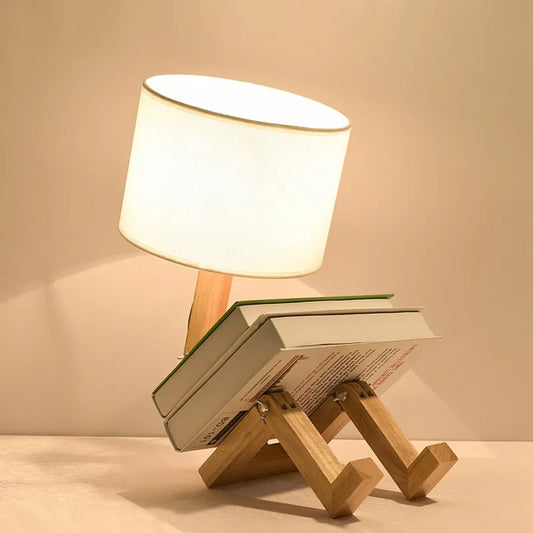 Homira Robot-Shaped Table Lamp – Adjustable Wooden & Fabric Desk Light for Bedroom, Living Room & Study