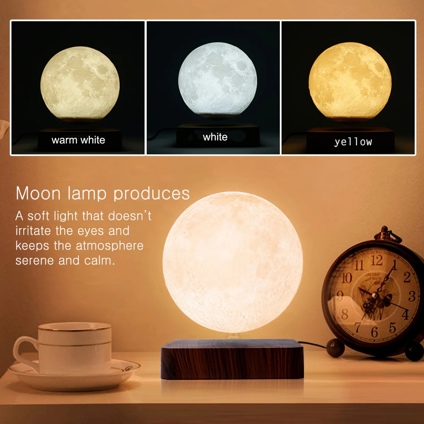 Homira Levitating Moon Lamp – Magnetic Floating 3D LED Night Light with Wooden Base & 3 Color Modes, Perfect Gift for Home & Office