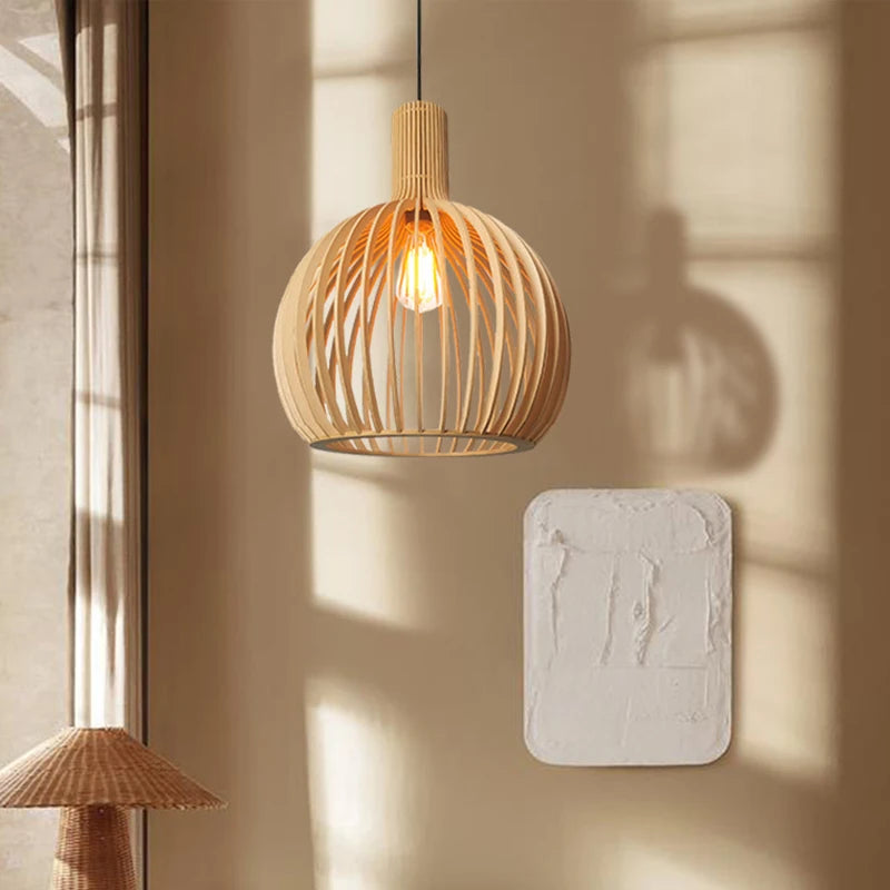 Homira Living Space Wooden Birdcage Pendant Lamp – Nordic Hanging Ceiling Light for Dining & Living Room, Restaurant Decor
