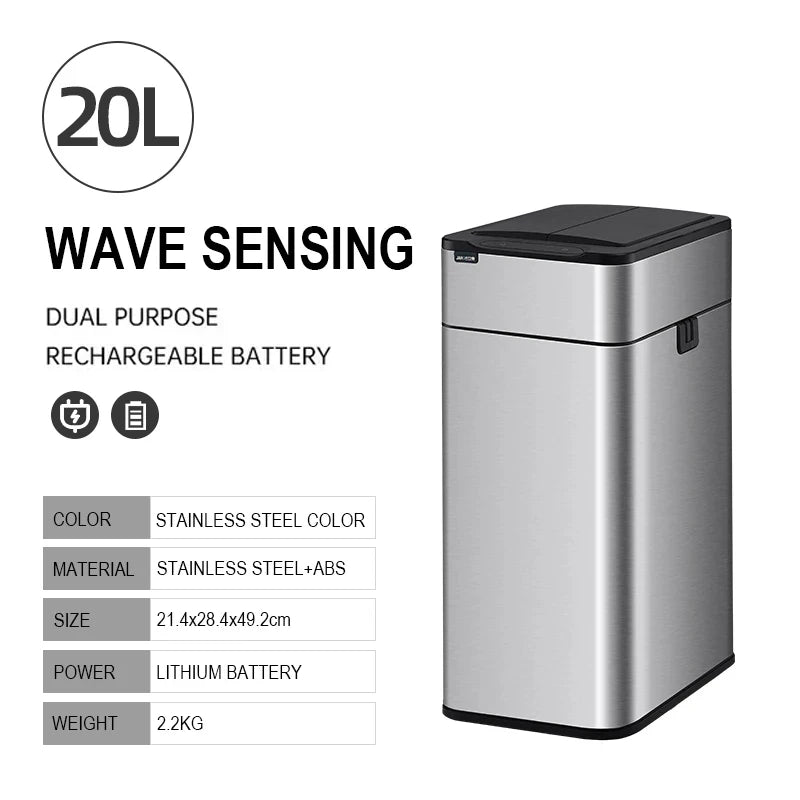 Homira 20L Smart Trash Can – Stainless Steel Rectangular Bin with Two-Way Motion Sensor & Automatic Bagging for Kitchen & Home