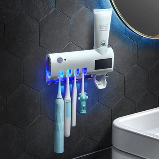 Homira Toothbrush Holder Set with Automatic Toothpaste Dispenser – 4 Slots Wall-Mounted Bathroom Organizer (White/Black)