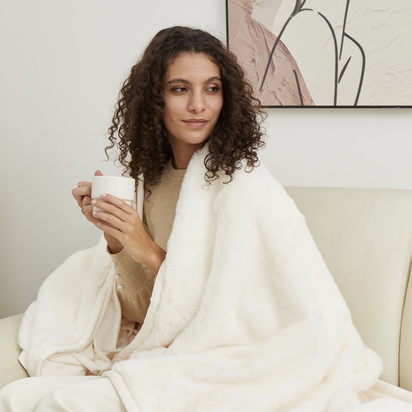 Homira Ivory Faux Fur Ultra Soft Luxury Oversize Throw Blanket 50" x 72", Vanilla Dream