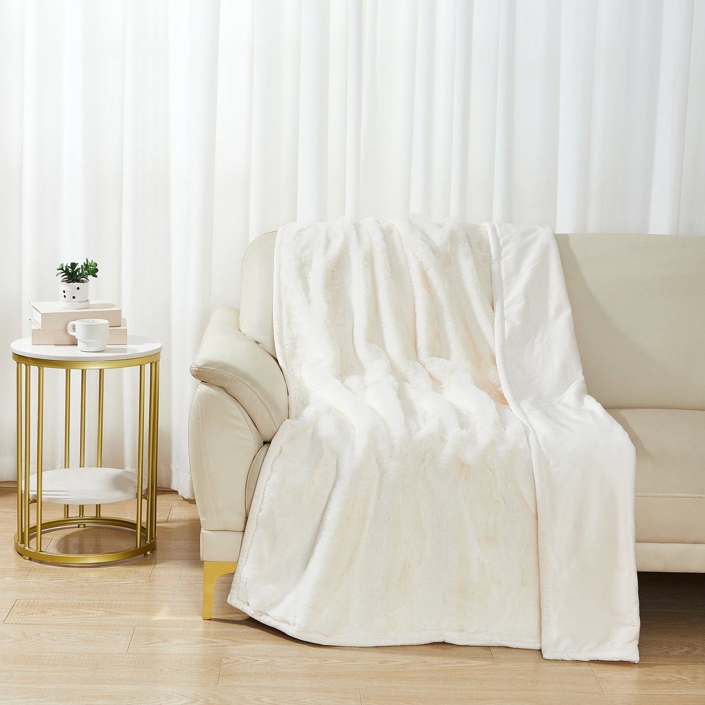 Homira Ivory Faux Fur Ultra Soft Luxury Oversize Throw Blanket 50" x 72", Vanilla Dream