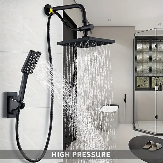 Homira 8" High Pressure Shower Head Combo – Luxury Square Black 3-in-1 Rainfall & Handheld, Leak-Proof with Hose & No-Drill Bracket