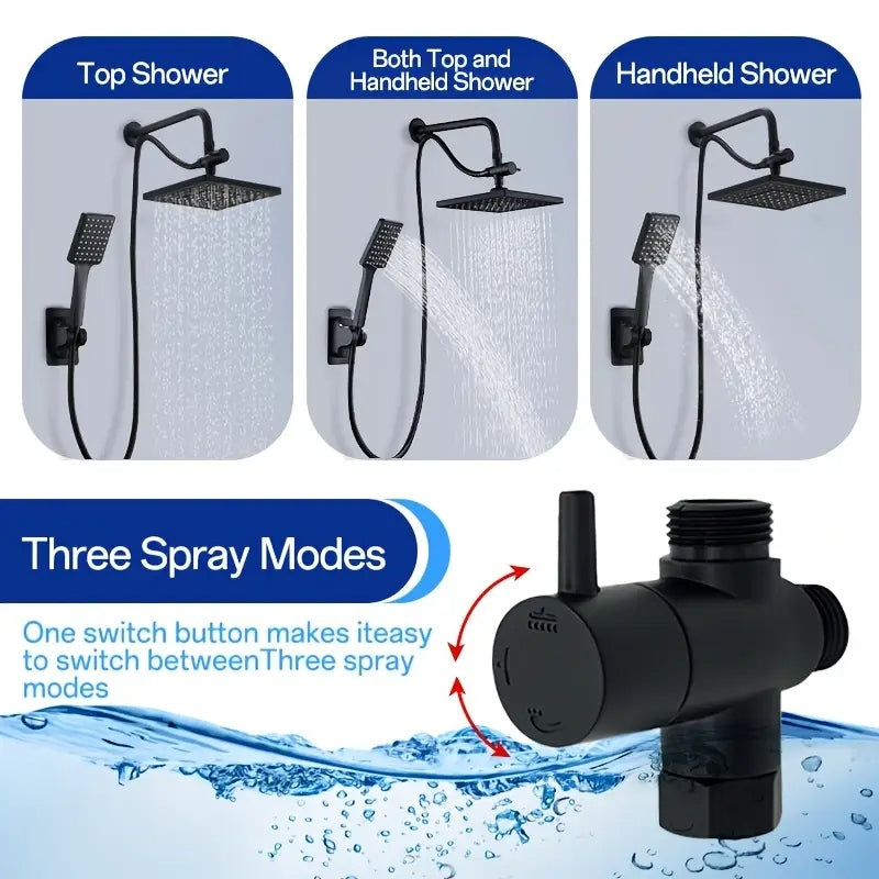 Homira 8" High Pressure Shower Head Combo – Luxury Square Black 3-in-1 Rainfall & Handheld, Leak-Proof with Hose & No-Drill Bracket