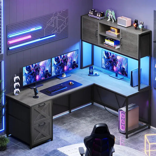 Homira Reversible L-Shaped Office Desk with Charging Station, File Drawers, Cabinet & Hutch – RGB LED Lights, Metal Brown Modern Workstation